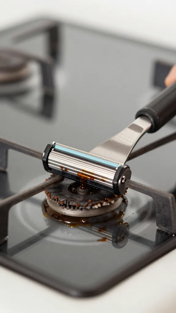 closeup of razor scraper removing burnt spill on glass stovetop