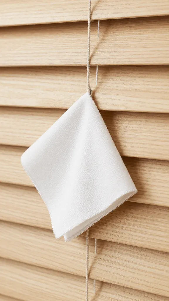 closeup faux wood blind slat with microfiber cloth cleaning
