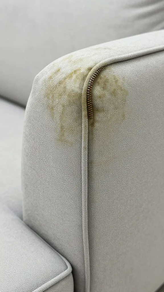 closeup of mildew-stained outdoor cushion corner with visible zipper