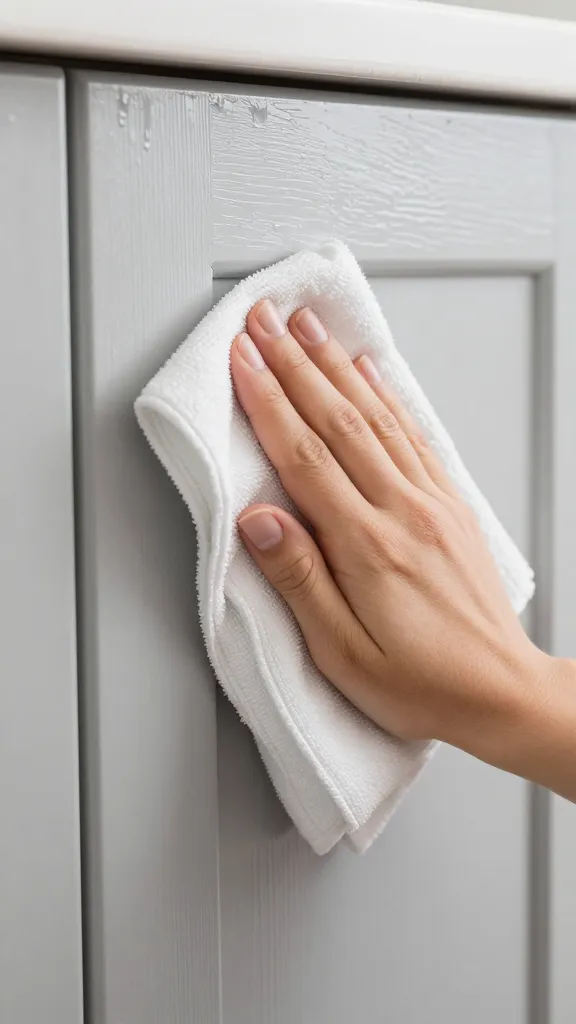 closeup of greasy painted cabinet door being wiped with microfiber cloth