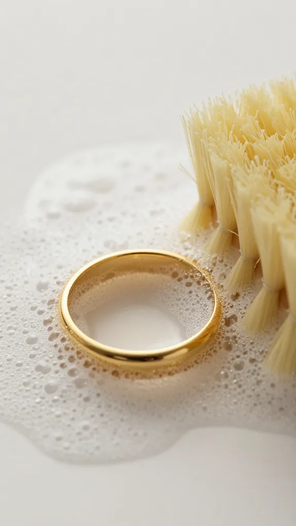 closeup gold ring in soapy warm water with soft brush