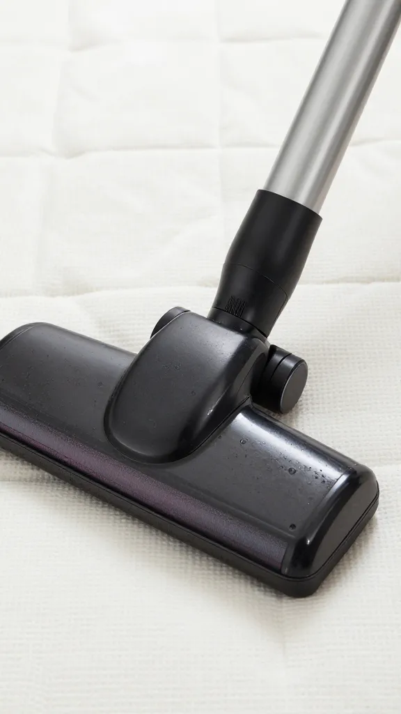 closeup upholstery vacuum nozzle on white mattress surface