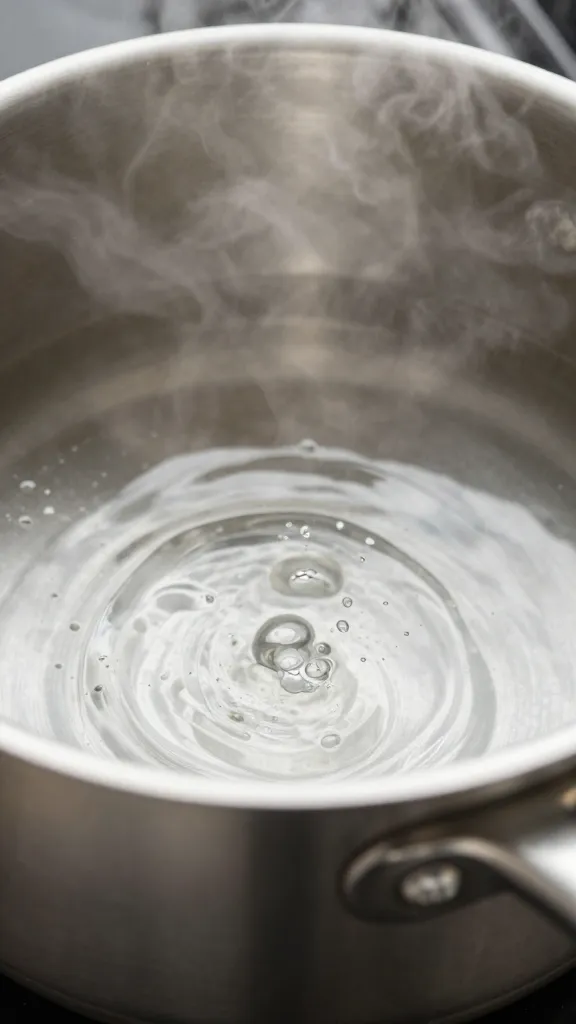 closeup stainless steel pan deglazing with simmering water steam