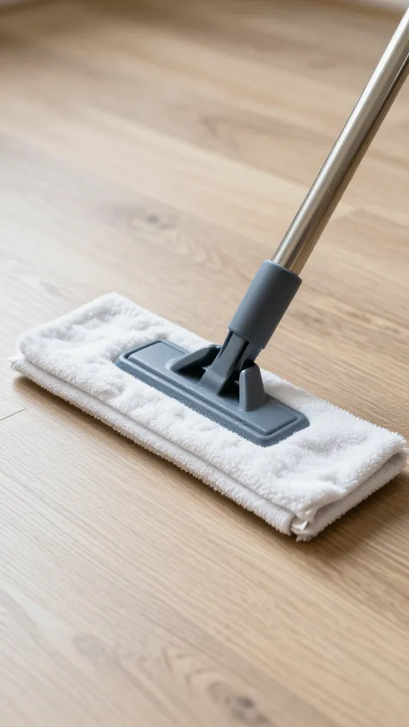 microfiber flat mop on laminate floor, closeup, natural light