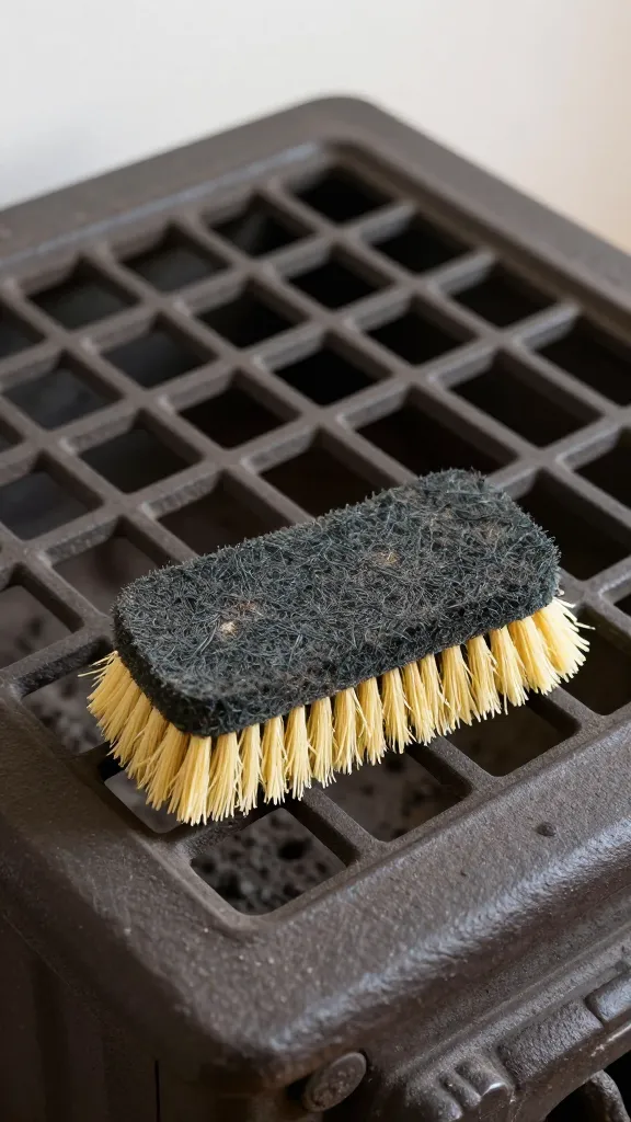 closeup of a single cast-iron stove grate being scrubbed