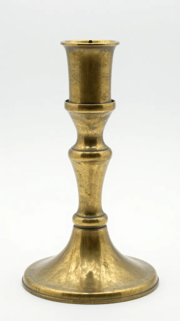 closeup solid brass candlestick with visible tarnish on white backdrop