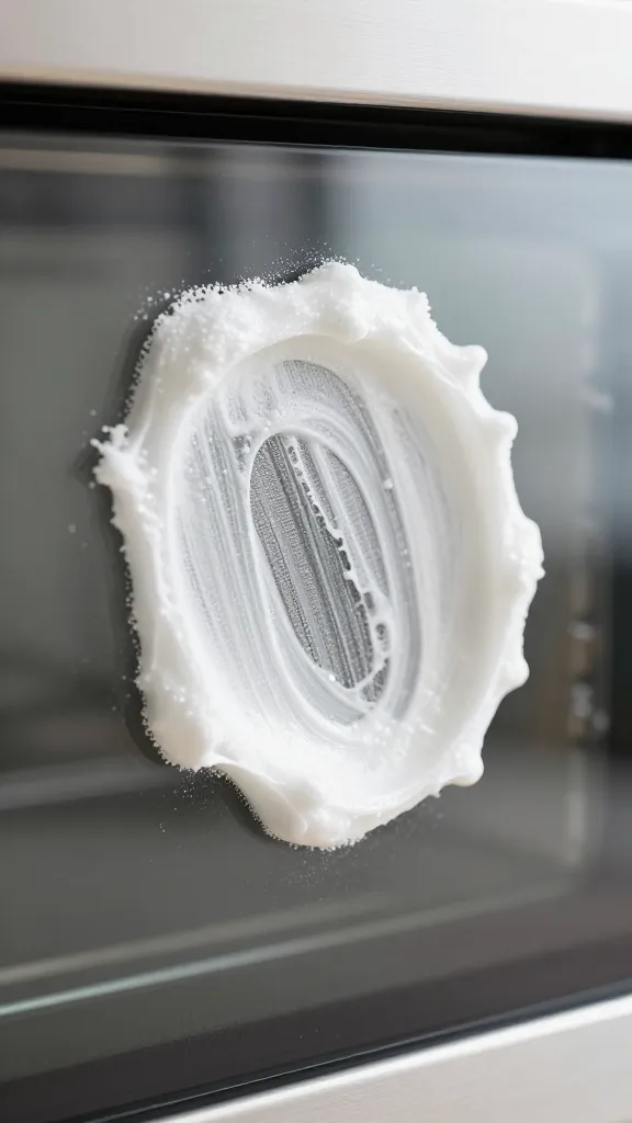 closeup of baking soda paste on oven door glass