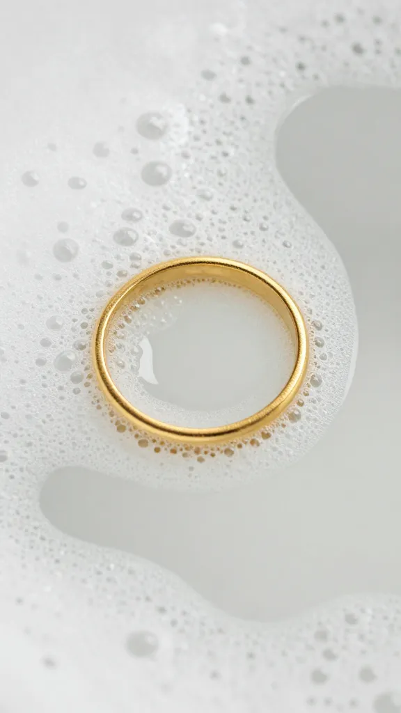 closeup of a single gold ring soaking in soapy water
