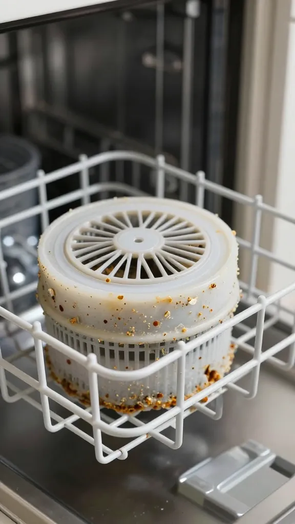 closeup of dishwasher filter basket clogged with food debris