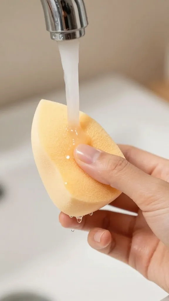 closeup of damp makeup sponge under warm running faucet