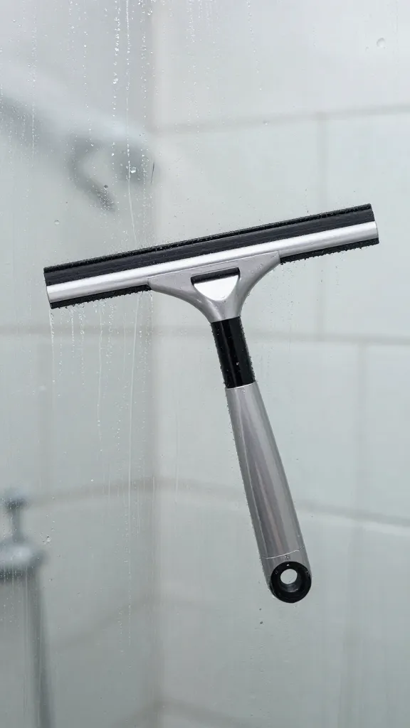 closeup of squeegee on wet shower glass door