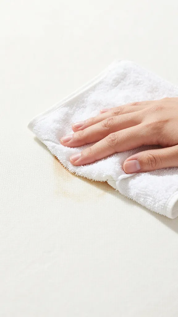 closeup of hand blotting mattress coffee stain with white towel