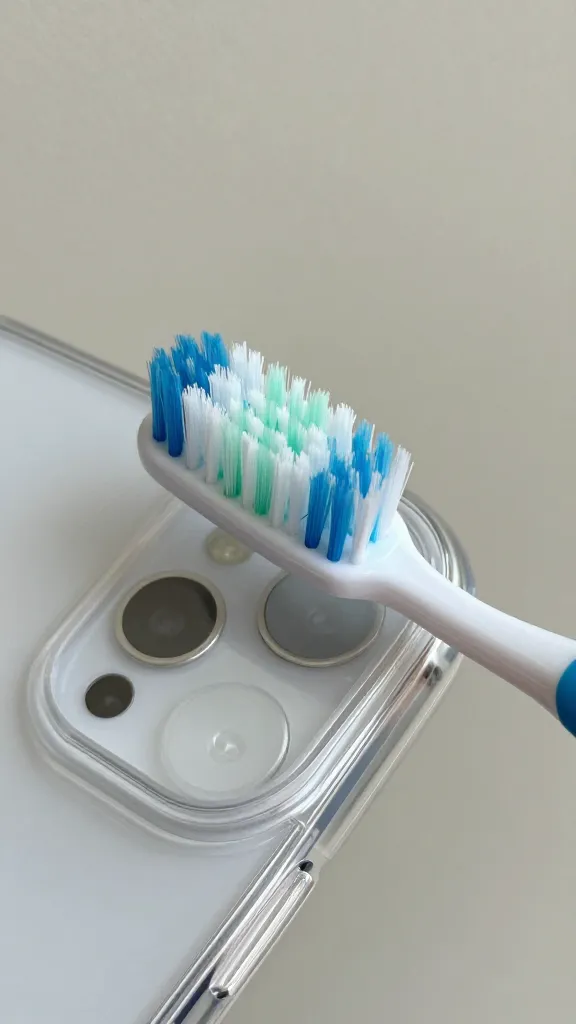 closeup of a clear TPU phone case being scrubbed with toothbrush