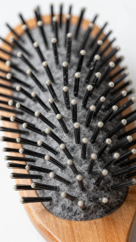 closeup of hairbrush bristles with gray lint buildup