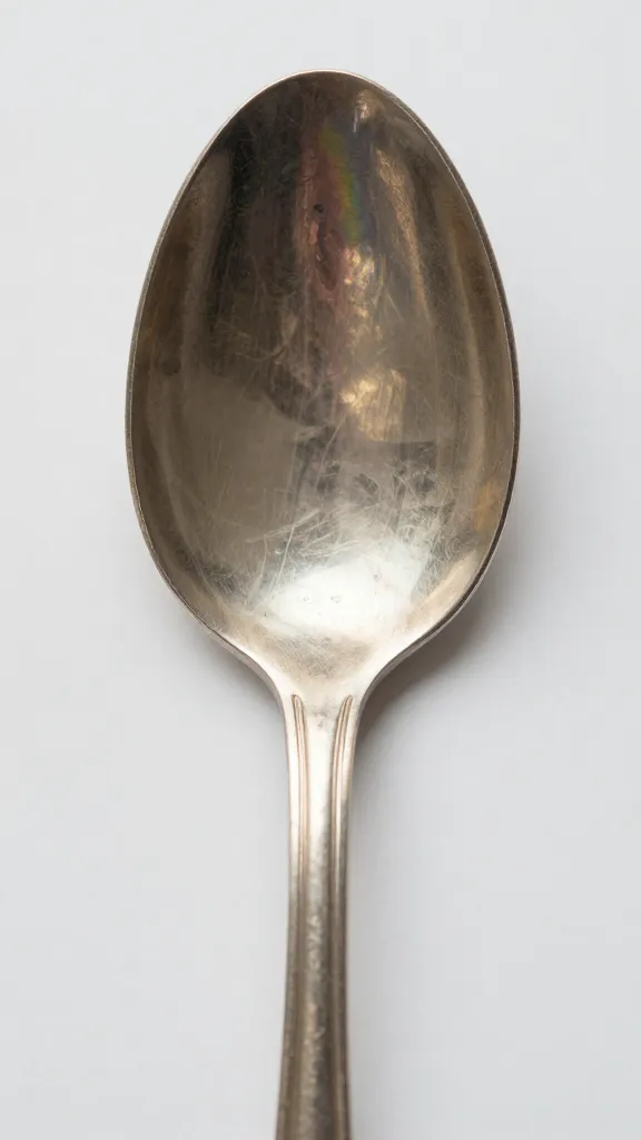 Closeup tarnished sterling silver spoon with rainbow blotches