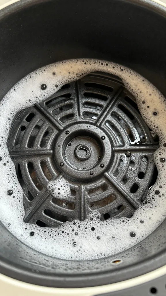 closeup of greasy air fryer basket with soap suds cleaning