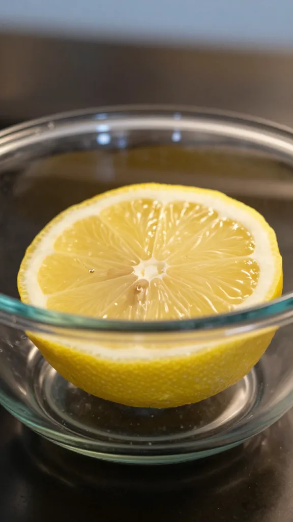 closeup of lemon half inside microwave-safe glass bowl