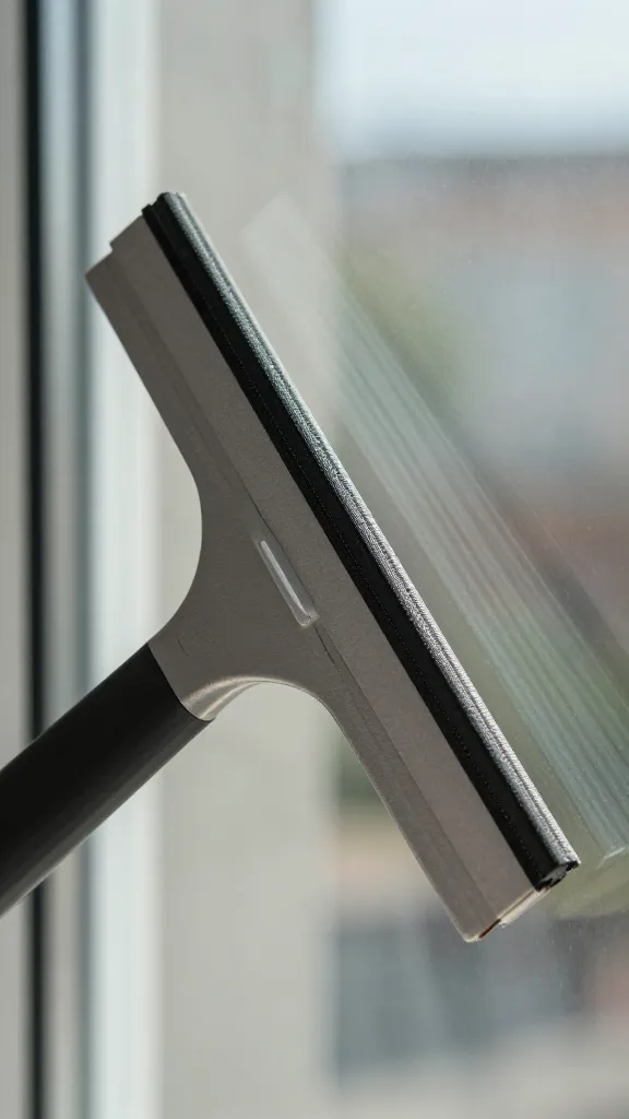 closeup squeegee with sharp rubber blade on sunlit window glass