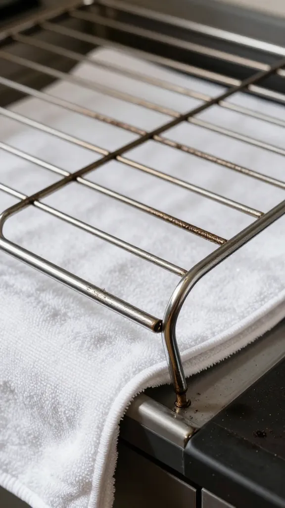 closeup of greasy chrome oven rack on white towel