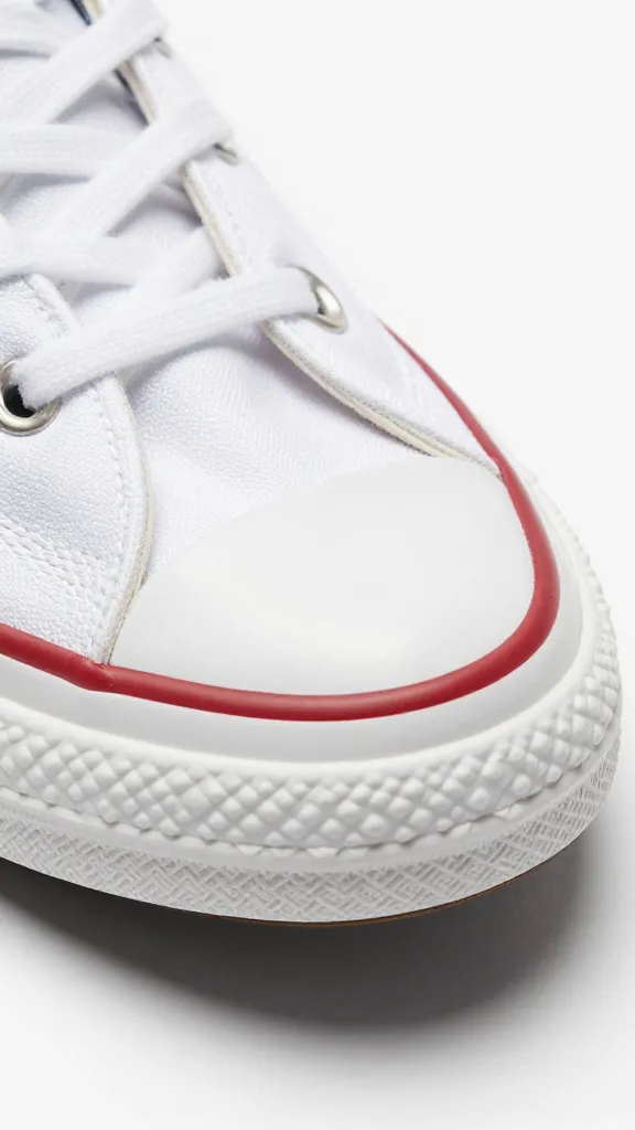 closeup of white Converse toe cap cleaned with magic eraser
