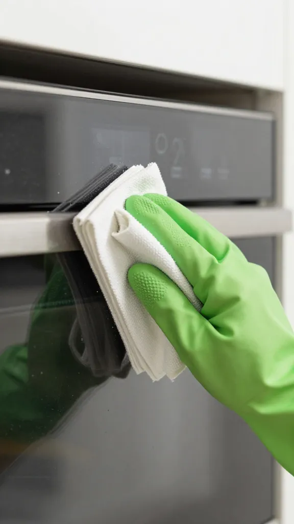 gloved hand scrubbing oven glass door closeup, natural light