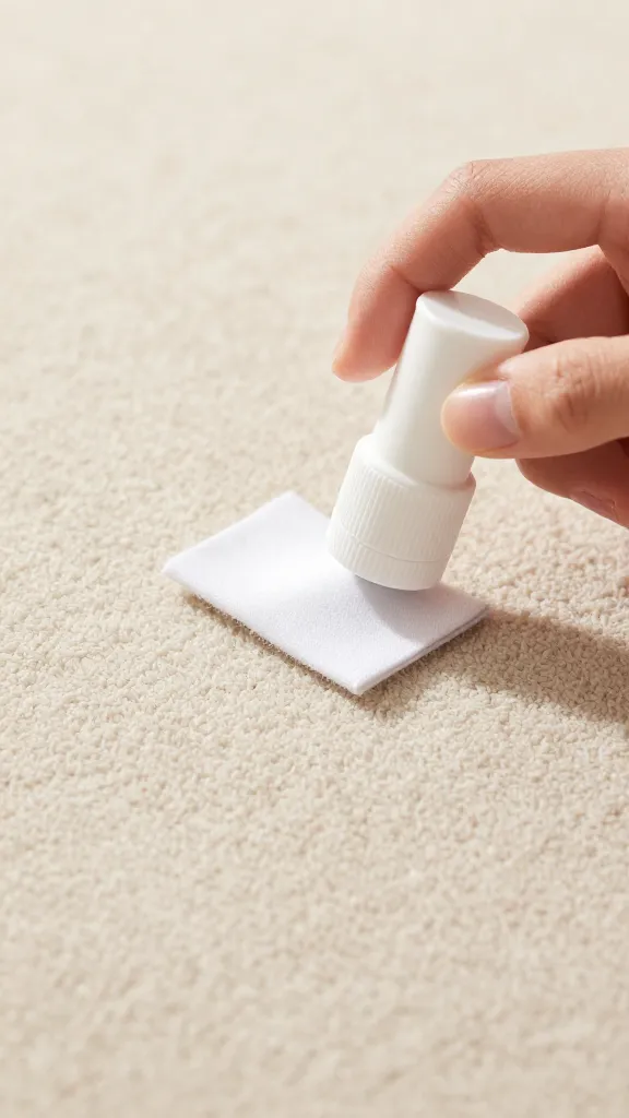 closeup of hand spot-testing cleaner on beige carpet fiber