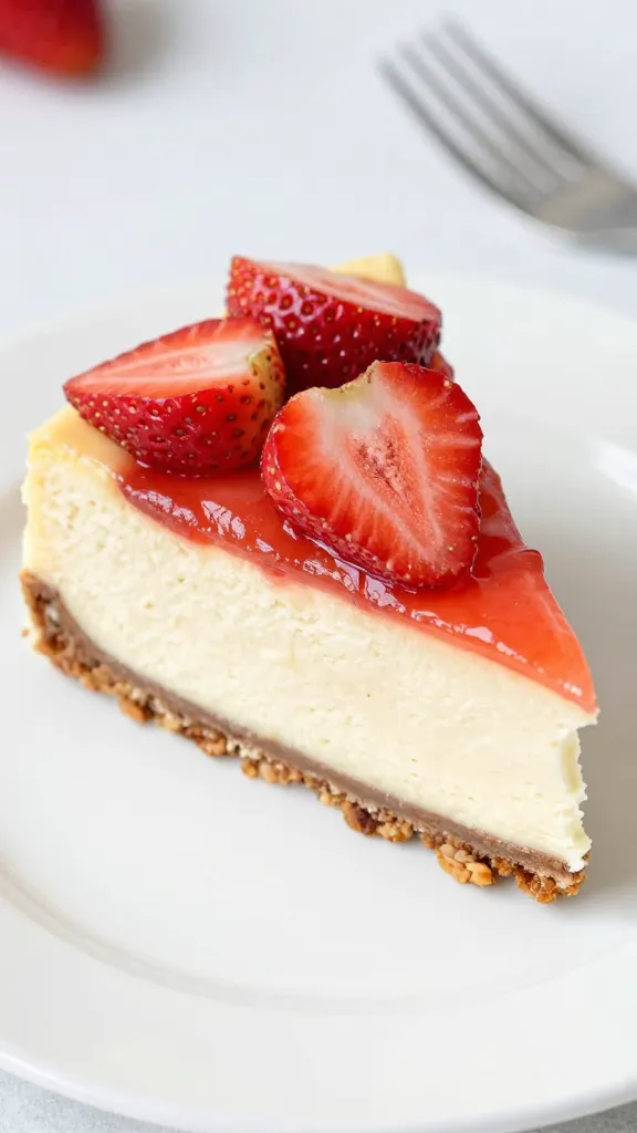 closeup slice of strawberry crunch cheesecake on white plate