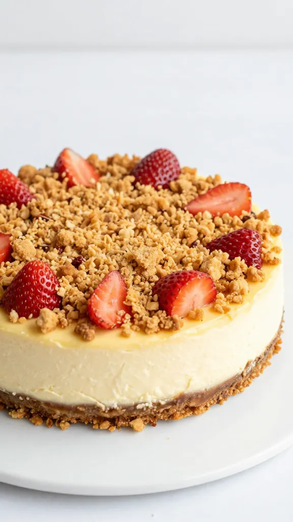 single whole strawberry crunch cheesecake with crumb topping
