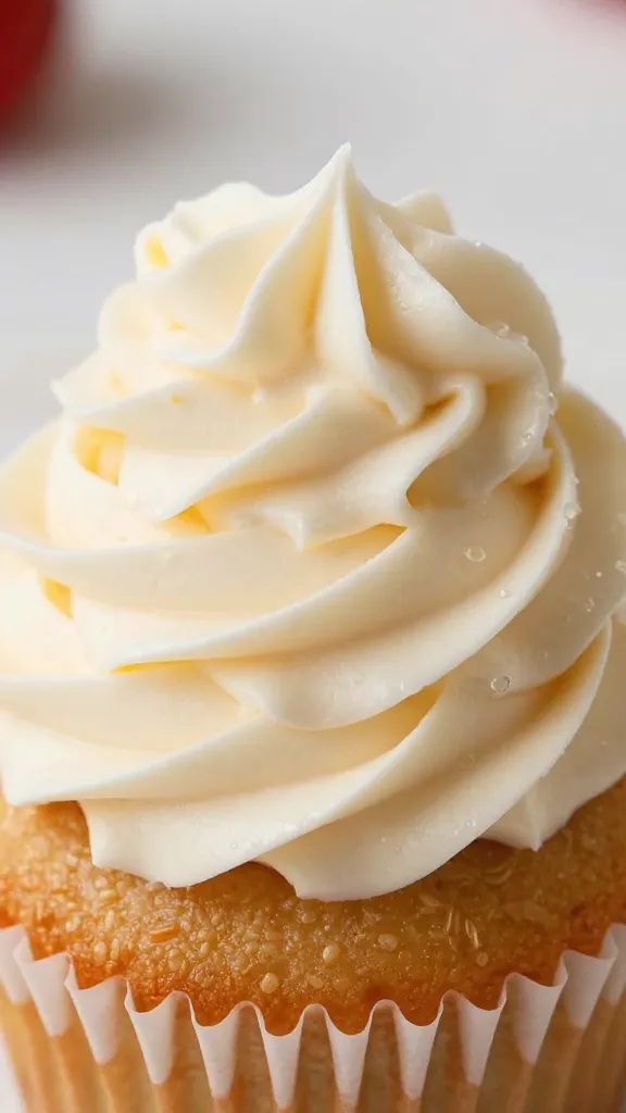 closeup swirl of strawberry cream cheese frosting on cupcake