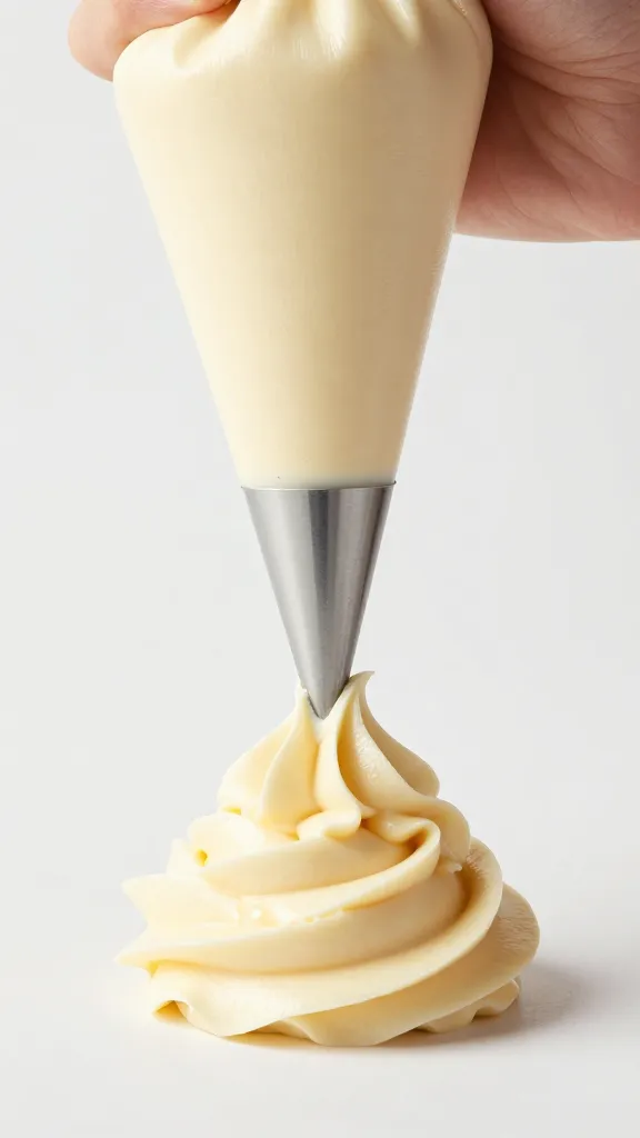 piping bag tip extruding strawberry cream cheese frosting swirls