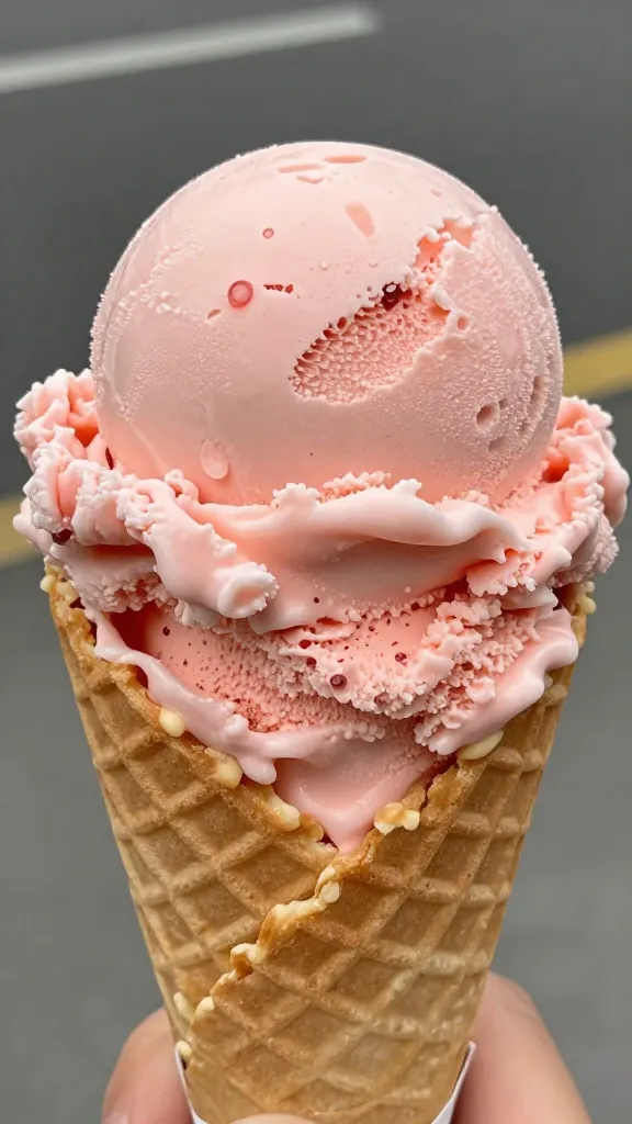 closeup single scoop strawberry ice cream in waffle cone