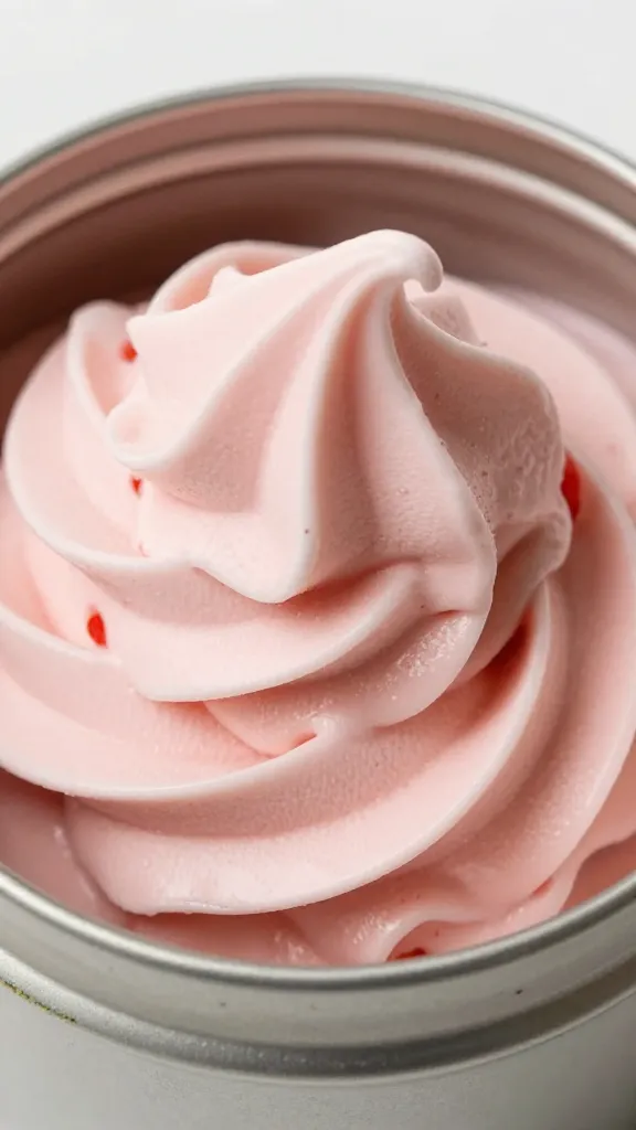 macro shot strawberry ice cream swirl in frosty metal tin