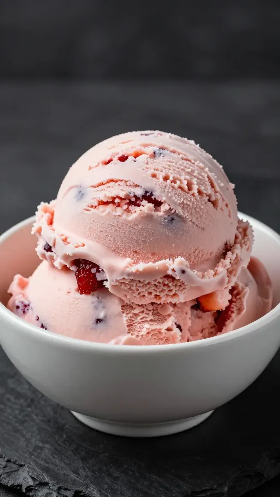 single bowl strawberry ice cream with visible berry chunks