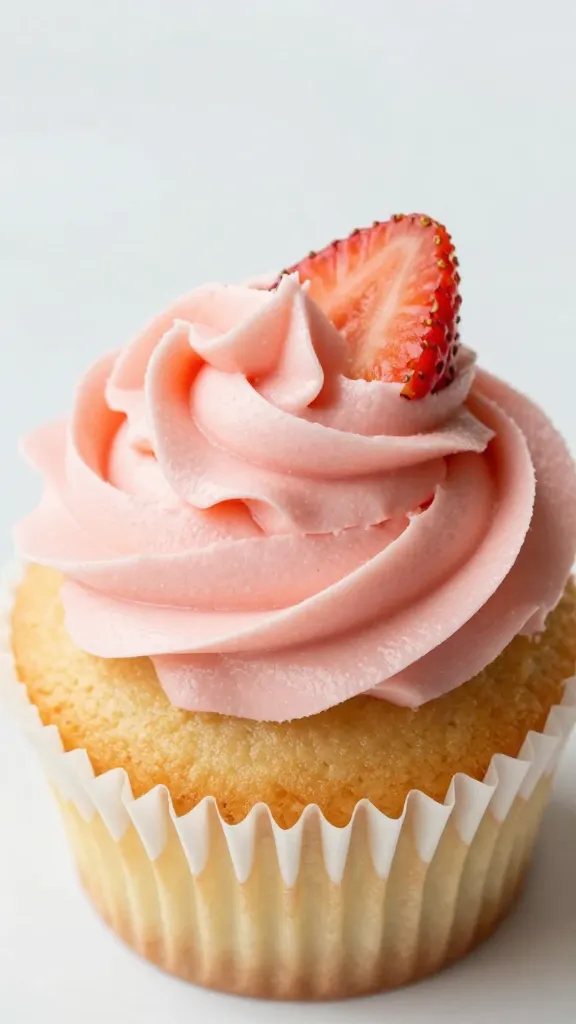 closeup swirl of strawberry buttercream on single vanilla cupcake