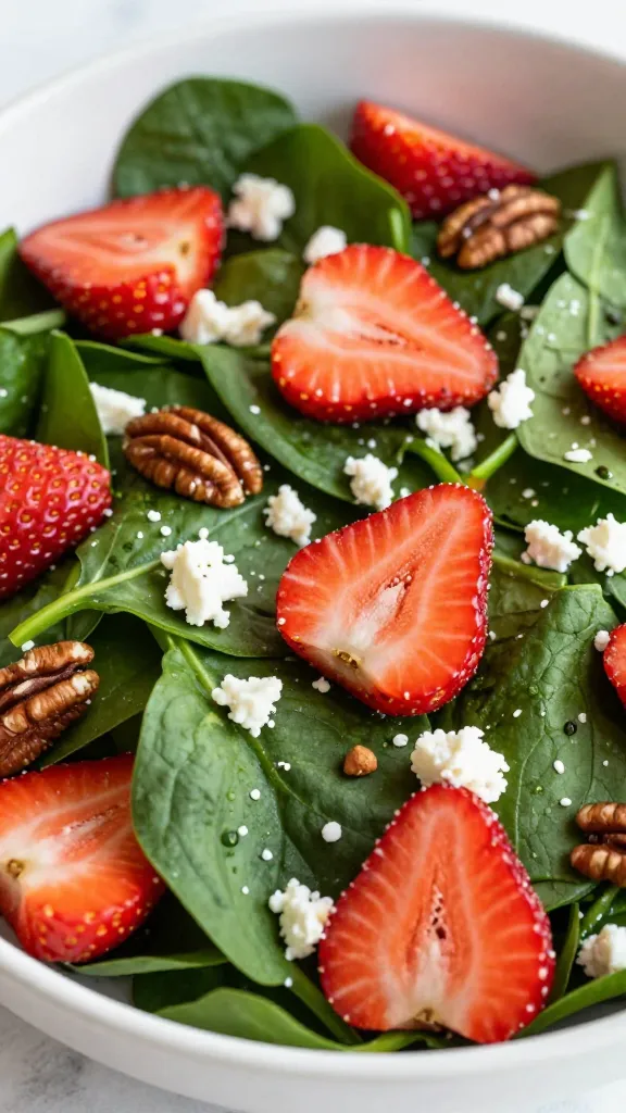 closeup bowl of strawberry spinach salad with feta and pecans