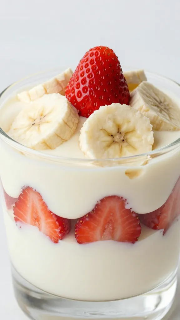 Closeup strawberry banana pudding in clear glass, layered custard