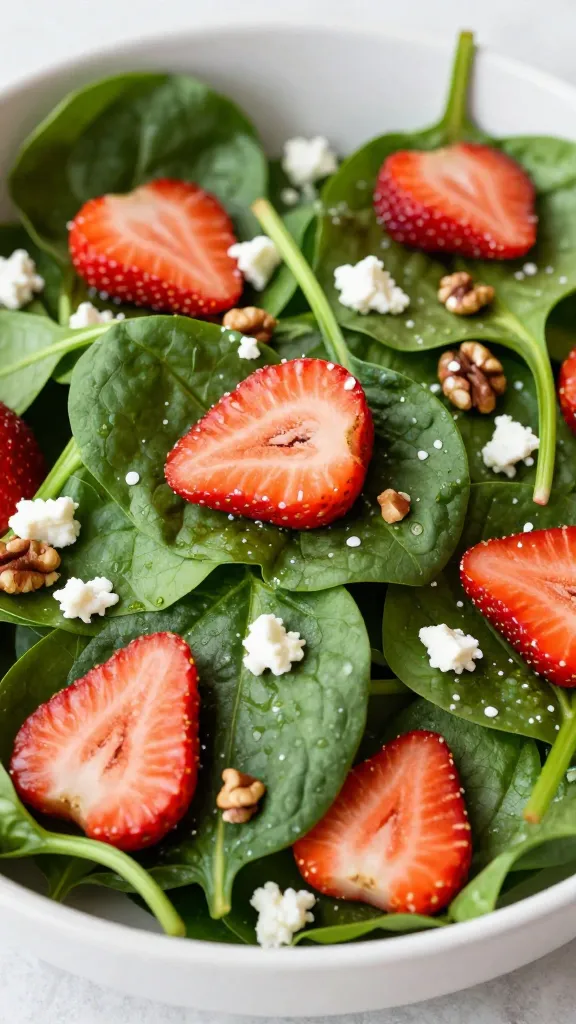 closeup bowl of spinach strawberry salad with feta and pecans