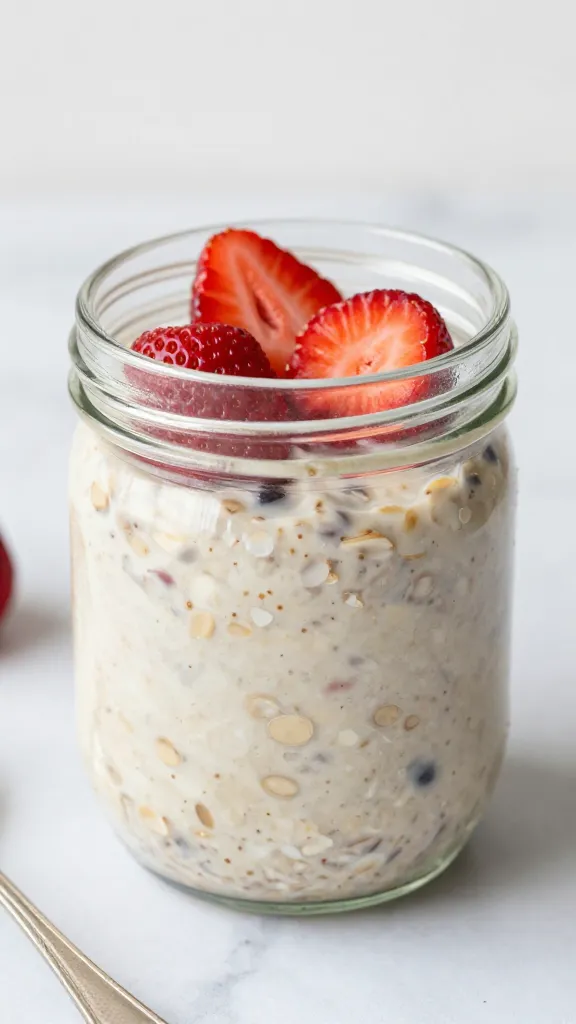closeup jar of strawberry overnight oats on marble countertop