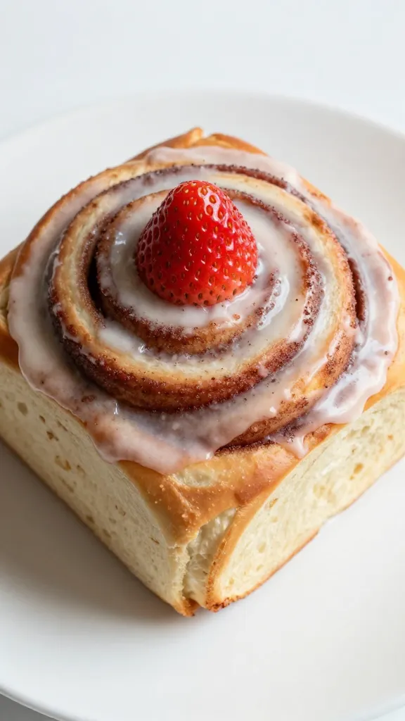 closeup strawberry cinnamon roll with glaze on white plate