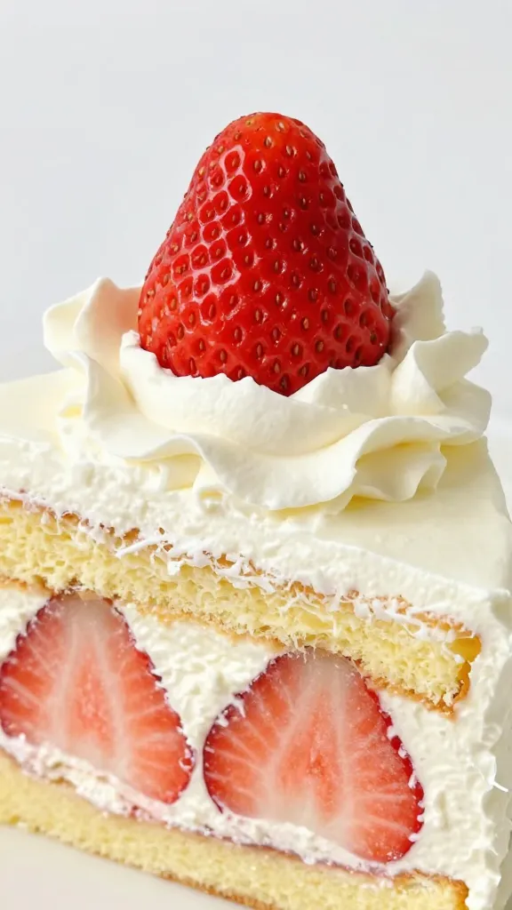 closeup strawberry shortcake slice with whipped cream and berries