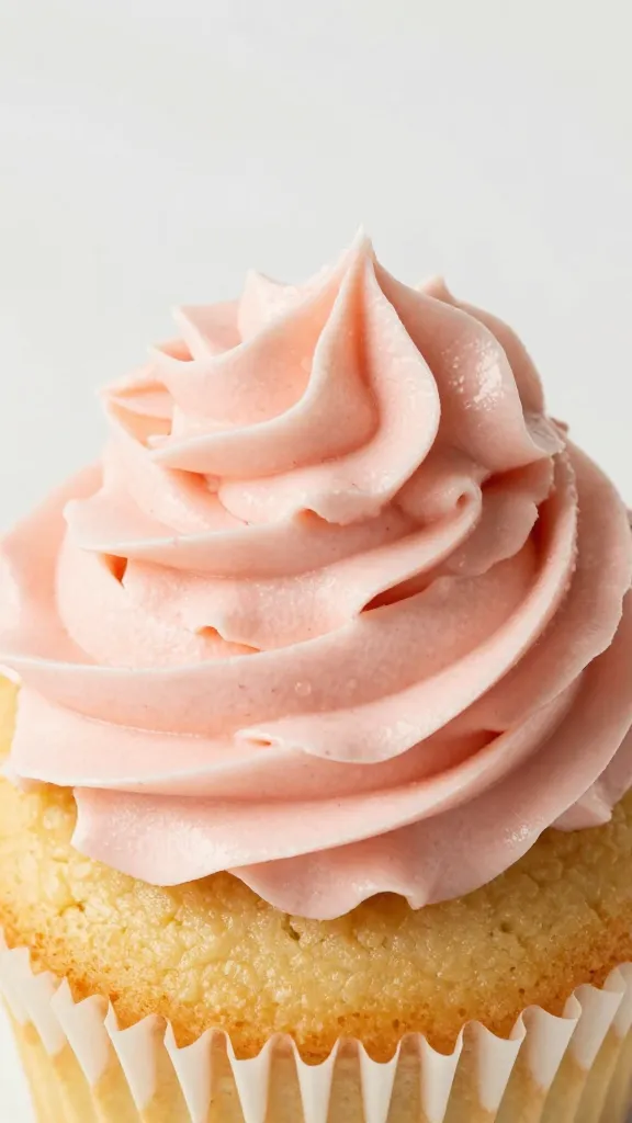 closeup swirl of strawberry buttercream on vanilla cupcake