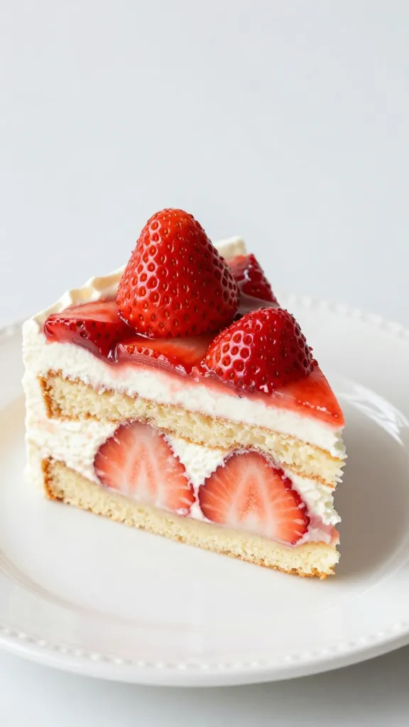 closeup of strawberry dump cake slice on white ceramic plate