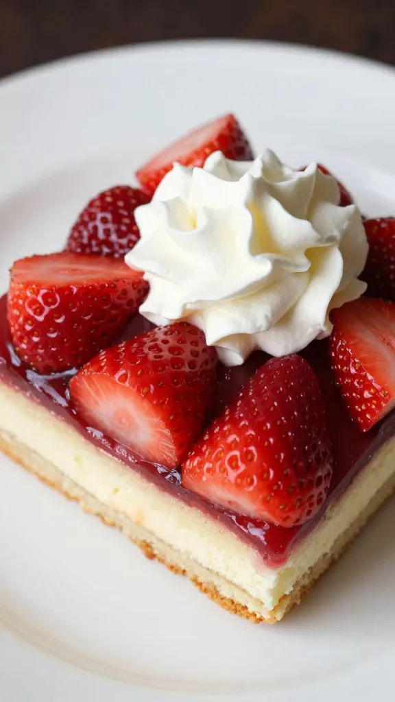 closeup plate of plum pudding strawberry shortcake, whipped cream dollop