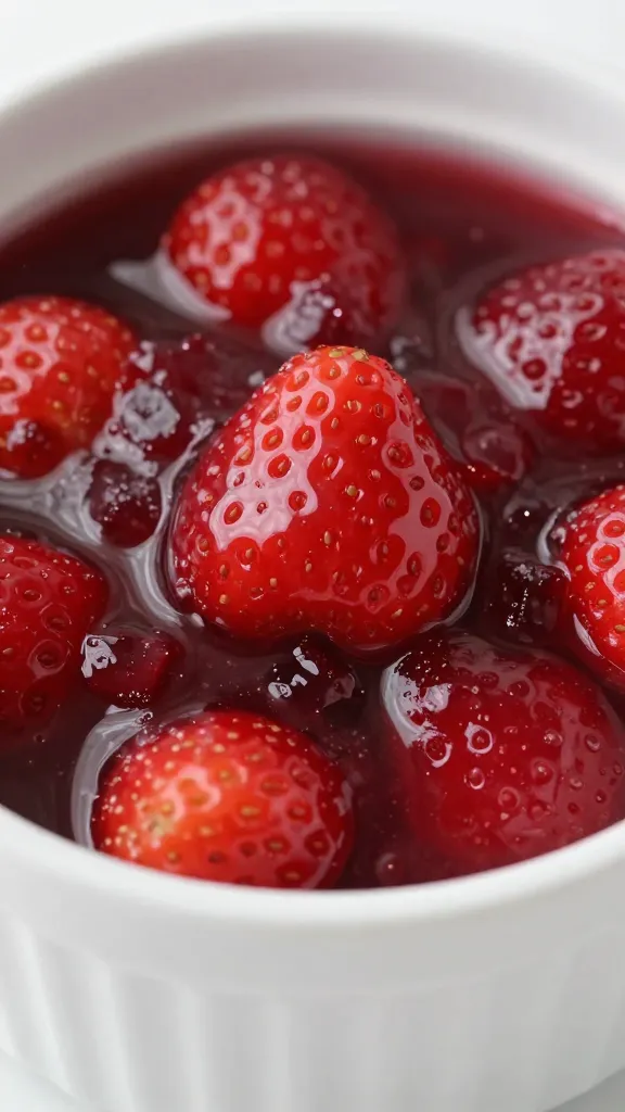 closeup of glossy strawberry compote in a white ramekin