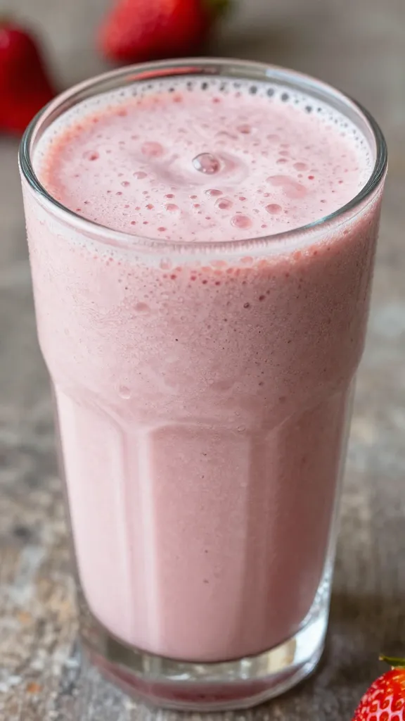 closeup strawberry banana smoothie in clear glass, frosty condensation