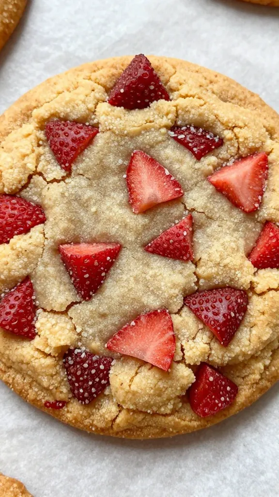 closeup strawberry crunch cookie with crackly topping on parchment