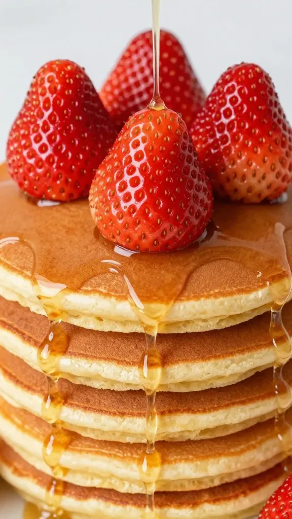 closeup of strawberry-topped pancake stack with maple drizzle