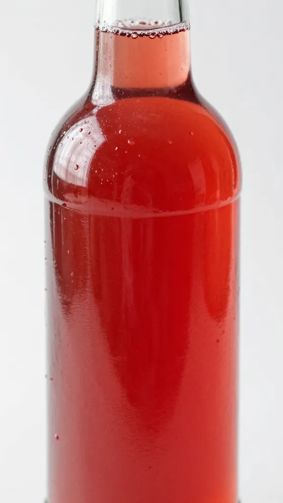 closeup bottle of homemade strawberry syrup with drip on rim