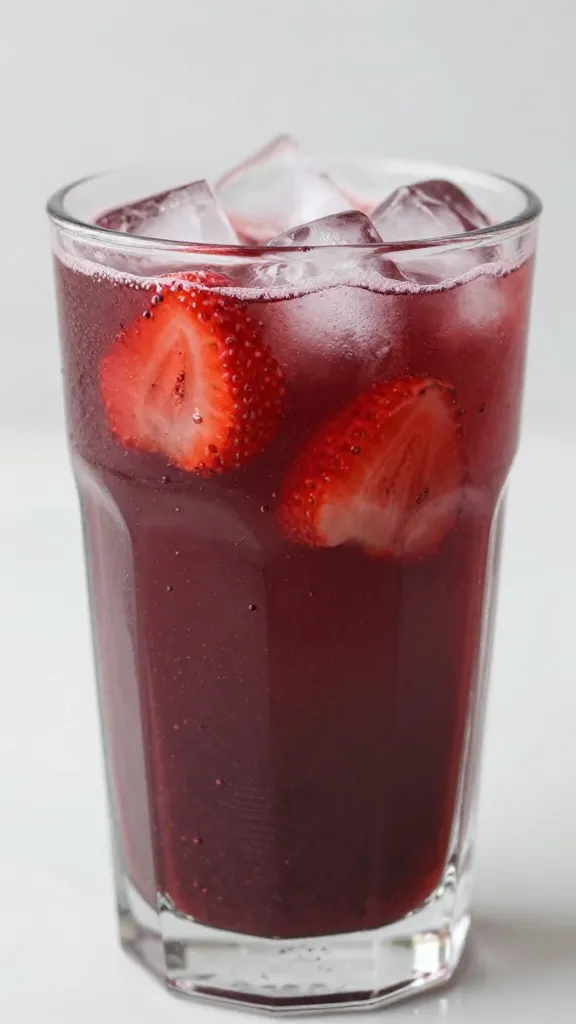 closeup strawberry acai refresher in clear glass with ice