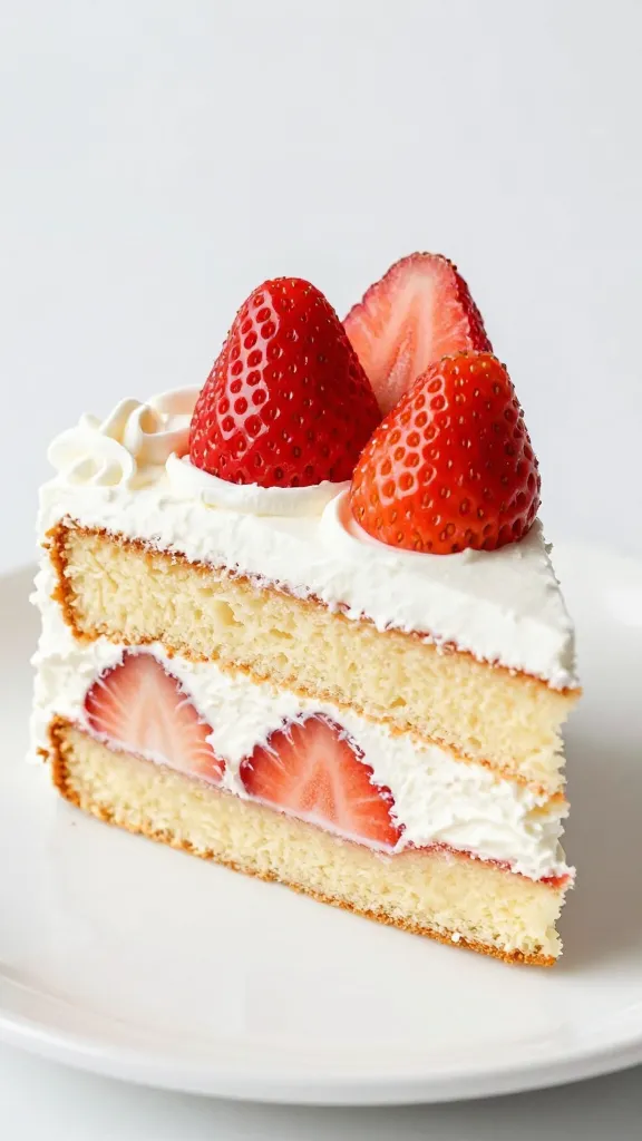 closeup slice of angel food strawberry shortcake on white plate